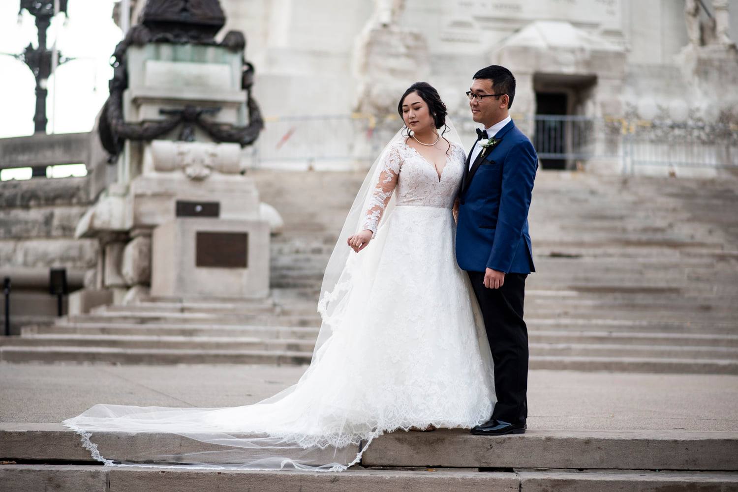 Indianapolis Couple on their wedding day at Indianapolis Soliders and Sailors Monument Downtown Indianapolis